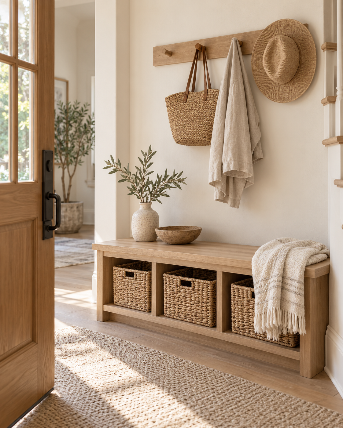 A calm entryway with a wooden bench, three baskets, hooks, and soft neutral textures